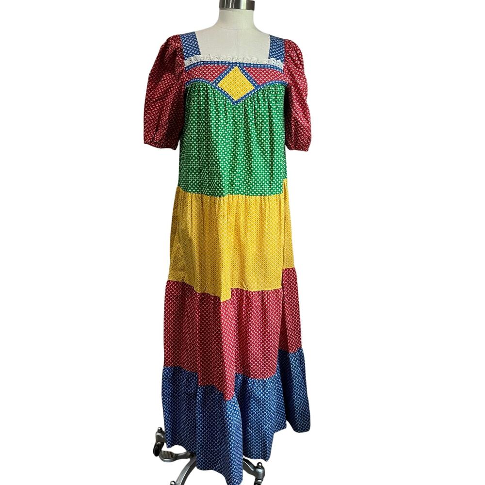 Vintage 70s 80s USA Floral Tiered Chore Dress Union Made Colorful L Boho